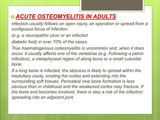  ACUTE OSTEOMYELITIS IN ADULTS
infection usually follows an open injury, an operation or spread from a
contiguous focus of infection
(e.g. a neuropathic ulcer or an infected
diabetic foot) in over 70% of the cases.
True haematogenous osteomyelitis is uncommon and, when it does
occur, it usually affects one of the vertebrae (e.g. Following a pelvic
infection), a metaphyseal region of along bone or a small cuboidal
bone.
If a long bone is infected, the abscess is likely to spread within the
medullary cavity, eroding the cortex and extending into the
surrounding soft tissues. Periosteal new bone formation is less
obvious than in childhood and the weakened cortex may fracture. If
the bone end becomes involved, there is also a risk of the infection
spreading into an adjacent joint.
 