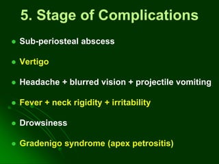 5. Stage of Complications
 Sub-periosteal abscess
 Vertigo
 Headache + blurred vision + projectile vomiting
 Fever + neck rigidity + irritability
 Drowsiness
 Gradenigo syndrome (apex petrositis)
 