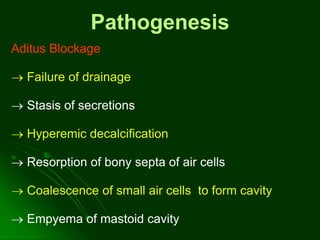 Pathogenesis
Aditus Blockage
 Failure of drainage
 Stasis of secretions
 Hyperemic decalcification
 Resorption of bony septa of air cells
 Coalescence of small air cells to form cavity
 Empyema of mastoid cavity
 