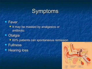 SymptomsSymptoms
 FeverFever
 It may be masked by analgesics orIt may be masked by analgesics or
antibioticantibiotic
 OtalgiaOtalgia
 60% patients can spontaneous remission60% patients can spontaneous remission
 FullnessFullness
 Hearing lossHearing loss
 
