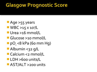 Age >55 years 
WBC >15 x 109/L 
Urea >16 mmol/L 
Glucose >10 mmol/L 
pO2 <8 kPa (60 mm Hg) 
Albumin <32 g/L 
Calcium <2 mmol/L 
LDH >600 units/L 
AST/ALT >200 units 
 