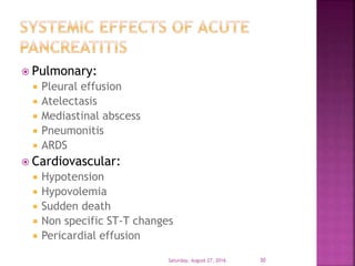  Pulmonary:
 Pleural effusion
 Atelectasis
 Mediastinal abscess
 Pneumonitis
 ARDS
 Cardiovascular:
 Hypotension
 Hypovolemia
 Sudden death
 Non specific ST-T changes
 Pericardial effusion
Saturday, August 27, 2016 30
 