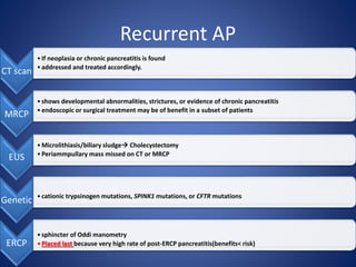 Recurrent AP
CT scan
•If neoplasia or chronic pancreatitis is found
•addressed and treated accordingly.
MRCP
•shows developmental abnormalities, strictures, or evidence of chronic pancreatitis
•endoscopic or surgical treatment may be of benefit in a subset of patients
EUS
•Microlithiasis/biliary sludge Cholecystectomy
•Periammpullary mass missed on CT or MRCP
Genetic •cationic trypsinogen mutations, SPINK1 mutations, or CFTR mutations
ERCP
•sphincter of Oddi manometry
•Placed last because very high rate of post-ERCP pancreatitis(benefits< risk)
 