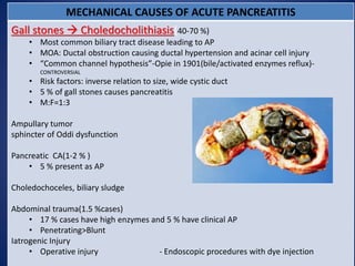 MECHANICAL CAUSES OF ACUTE PANCREATITIS
Gall stones  Choledocholithiasis(40-70 %)
• Most common biliary tract disease leading to AP
• MOA: Ductal obstruction causing ductal hypertension and acinar cell injury
• “Common channel hypothesis”-Opie in 1901(bile/activated enzymes reflux)-
CONTROVERSIAL
• Risk factors: inverse relation to size, wide cystic duct
• 5 % of gall stones causes pancreatitis
• M:F=1:3
Ampullary tumor
sphincter of Oddi dysfunction
Pancreatic CA(1-2 % )
• 5 % present as AP
Choledochoceles, biliary sludge
Abdominal trauma(1.5 %cases)
• 17 % cases have high enzymes and 5 % have clinical AP
• Penetrating>Blunt
Iatrogenic Injury
• Operative injury - Endoscopic procedures with dye injection
 
