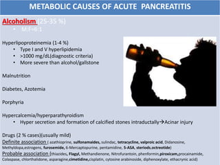 METABOLIC CAUSES OF ACUTE PANCREATITIS
Alcoholism (25-35 %)
• M:F=6:1
Hyperlipoproteinemia (1-4 %)
• Type I and V hyperlipidemia
• >1000 mg/dL(diagnostic criteria)
• More severe than alcohol/gallstone
Malnutrition
Diabetes, Azotemia
Porphyria
Hypercalcemia/hyperparathyroidism
• Hyper secretion and formation of calcified stones intraductallyAcinar injury
Drugs (2 % cases)(usually mild)
Definite association ( azathioprine, sulfonamaides, sulindac, tetracycline, valproic acid, Didanosine,
Methyldopa,estrogens, furosemide, 6-Mercaptopurine, pentamidine, 5-ASA, steriods,octreotide)
Probable association (thiazides, Flagyl, Methandienone, Nitrofurantoin, phenformin,piroxicam,procainamide,
Colaspase, chlorthalidone, asparagine,cimetidine,cisplatin, cytosine arabinoside, diphenoxylate, ethacrynic acid)
 