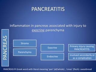 PANCREATITIS
Inflammation in pancreas associated with injury to
exocrine parenchyma
PANCREAS
Stroma
Parenchyma
Exocrine
Primary injury causing
PANCREATITIS
Endocrine
Involved secondarily or
as a complication
PANCREAS Greek word with literal meaning ‘pan’ (all/whole) , ‘creas’ (flesh): sweatbread
 