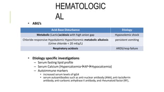 HEMATOLOGIC
AL
• ABG’s
• Etiology specific investigations
– Serum fasting lipid profile
– Serum Calcium (HypercalcemiaAPHypocalcemia)
– Autoimmune markers
• increased serum levels of IgG4
• serum autoantibodies such as anti-nuclear antibody (ANA),anti-lactoferrin
antibody, anti-carbonic anhydrase II antibody, and rheumatoid factor (RF),
Acid-Base Disturbance Etiology
Metabolic (Lactic)acidosis with high anion gap Hypovolemic shock
Chloride-responsive Hypokalemic Hypochloremic metabolic alkalosis
(Urine chloride < 20 mEq/L)
persistent vomiting
Respiratory acidosis ARDS/resp failure
 