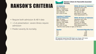 RANSON’S CRITERIA
• Require both admission & 48 h data
• >2 at presentation- severe illness require
admission
• Predict severity & mortality
 
