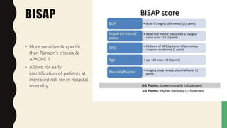 BISAP
• More sensitive & specific
than Ranson’s criteria &
APACHE II
• Allows for early
identification of patients at
increased risk for in hospital
mortality
 