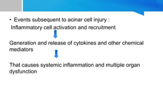 • Events subsequent to acinar cell injury :
Inflammatory cell activation and recruitment
Generation and release of cytokines and other chemical
mediators
That causes systemic inflammation and multiple organ
dysfunction
 