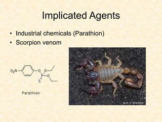 Implicated Agents
• Industrial chemicals (Parathion)
• Scorpion venom
 