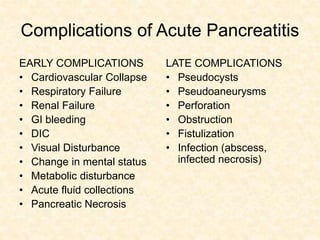 Complications of Acute Pancreatitis
EARLY COMPLICATIONS
• Cardiovascular Collapse
• Respiratory Failure
• Renal Failure
• GI bleeding
• DIC
• Visual Disturbance
• Change in mental status
• Metabolic disturbance
• Acute fluid collections
• Pancreatic Necrosis
LATE COMPLICATIONS
• Pseudocysts
• Pseudoaneurysms
• Perforation
• Obstruction
• Fistulization
• Infection (abscess,
infected necrosis)
 