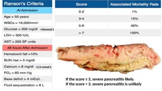 >10mmol/L
<2.0 mmol/L
If the score ≥ 3, severe pancreatitis likely.
If the score < 3, severe pancreatitis is unlikely
 