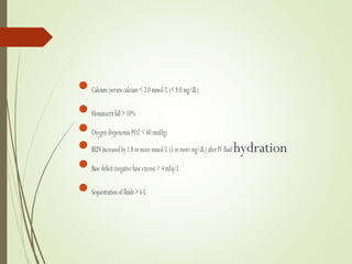 Calcium(serumcalcium<2.0mmol/L(<8.0mg/dL)
Hematocritfall>10%
Oxygen(hypoxemiaPO2<60mmHg)
BUNincreasedby1.8ormoremmol/L(5ormoremg/dL)afterIVfluidhydration
Basedeficit(negativebaseexcess)>4mEq/L
Sequestrationoffluids>6L
 