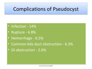 Complications of PseudocystComplications of Pseudocyst
• Infection - 14%
• Rupture - 6.8%
• Hemorrhage - 6.5%
• Common bile duct obstruction - 6.3%
• GI obstruction - 2.6%
• Infection - 14%
• Rupture - 6.8%
• Hemorrhage - 6.5%
• Common bile duct obstruction - 6.3%
• GI obstruction - 2.6%
Acute Pancreatitis
 
