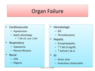 Organ FailureOrgan Failure
• Cardiovascular
– Hypotension
– Septic physiology
• ↑ HR, CO and ↓ SVR
• Respiratory
– Hypoxemia
– Pleural effusions
• Renal
– ATN
– Oliguria
• Cardiovascular
– Hypotension
– Septic physiology
• ↑ HR, CO and ↓ SVR
• Respiratory
– Hypoxemia
– Pleural effusions
• Renal
– ATN
– Oliguria
• Hematologic
– DIC
– Thrombocytosis
• Hepatic
– Encephalopathy
– ↑ T bili (3 mg/dl)
– ↑ AST/ALT 2X nl
• GI
– Stress ulcer
– Acalculous cholecystitis
• Hematologic
– DIC
– Thrombocytosis
• Hepatic
– Encephalopathy
– ↑ T bili (3 mg/dl)
– ↑ AST/ALT 2X nl
• GI
– Stress ulcer
– Acalculous cholecystitis
Acute Pancreatitis
 