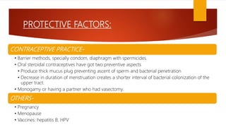 PROTECTIVE FACTORS:
CONTRACEPTIVE PRACTICE-
• Barrier methods, specially condom, diaphragm with spermicides.
• Oral steroidal contraceptives have got two preventive aspects
• Produce thick mucus plug preventing ascent of sperm and bacterial penetration
• Decrease in duration of menstruation creates a shorter interval of bacterial colonization of the
upper tract.
• Monogamy or having a partner who had vasectomy.
OTHERS-
• Pregnancy
• Menopause
• Vaccines: hepatitis B, HPV
 