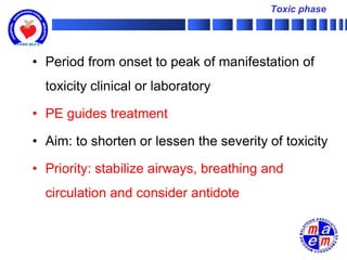Toxic phase




• Period from onset to peak of manifestation of
  toxicity clinical or laboratory

• PE guides treatment

• Aim: to shorten or lessen the severity of toxicity

• Priority: stabilize airways, breathing and
  circulation and consider antidote
 