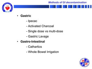 Methods of GI decontamination




• Gastric
      - Ipecac
      - Activated Charcoal
      - Single dose vs multi-dose
      - Gastric Lavage
• Gastro-Intestinal
      - Cathartics
      - Whole Bowel Irrigation
 