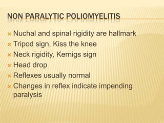 Abortive poliomyelitis5% casesInfluenza like symptoms 1-2 weeks laterLasts only for 2-3 daysClinical examination unremarkableComplete recovery