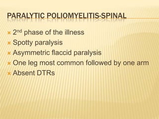 Non paralytic poliomyelitis1% casesInitial minor illness-headache, nausea, vomiting, soreness and stiffness of neck muscles, fleeting paralysis of bladder and constipationShort symptom free interludeMajor illness