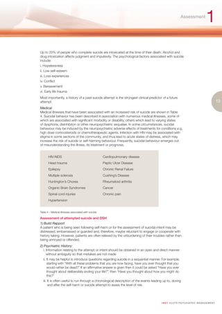 Assessment
                                                                                                                                    1
Up to 20% of people who complete suicide are intoxicated at the time of their death. Alcohol and
drug intoxication affects judgment and impulsivity. The psychological factors associated with suicide
include:
i. Hopelessness
ii. Low self-esteem
iii. Loss experiences
iv. Conflict
v. Bereavement
vi. Early life trauma
Most importantly, a history of a past suicide attempt is the strongest clinical predictor of a future
attempt.                                                                                                                                        13
Medical
Medical illnesses that have been associated with an increased risk of suicide are shown in Table
4. Suicidal behavior has been described in association with numerous medical illnesses, some of
which are associated with significant morbidity or disability, others which lead to varying states
of dysphoria, disinhibiton or other neuropsychiatric sequelae. In some circumstances, sucidal
behaviour may be induced by the neuropsychiatric adverse effects of treatments for conditions e.g.
high dose corticosteroids or chemotherapeutic agents. Infection with HIV may be associated with
stigma in some sections of the community, and thus lead to acute states of distress, which may
increase the risk of suicide or self-harming behaviour. Frequently, suicidal behaviour emerges out
of misunderstanding the illness, its treatment or prognosis.


       HIV/AIDS                                       Cardiopulmonary disease
       Head trauma                                    Peptic Ulcer Disease
       Epilepsy                                       Chronic Renal Failure
       Multiple sclerosis                             Cushing’s Disease
       Huntington’s Chorea                            Rheumatoid arthritis
       Organic Brain Syndromes                        Cancer
       Spinal cord injuries                           Chronic pain
       Hypertension


Table 4 – Medical illnesses associated with suicide

Assessment of attempted suicide and DSH
1) Build Rapport
A patient who is being seen following self-harm or for the assessment of suicidal intent may be
distressed, embarrassed or guarded and, therefore, maybe reluctant to engage or cooperate with
history taking. However, patients are often relieved by the unburdening of their troubles rather than
being annoyed or offended.
2) Psychiatric History:
  i. Information relating to the attempt or intent should be obtained in an open and direct manner
     without ambiguity so that mistakes are not made
  ii. It may be helpful to introduce questions regarding suicide in a sequential manner. For example,
      starting with “With all these problems that you are now facing, have you ever thought that you
      would rather be dead?” If an affirmative answer is given then it could be asked “Have you ever
      thought about deliberately ending your life?”, then “Have you thought about how you might do
      this?”
  iii. It is often useful to run through a chronological description of the events leading up to, during
       and after the self-harm or suicide attempt to asses the level of risk.




                                                                                         I M ET AC U T E PS Y C H IATRI C M A N A G E M E N T
 
