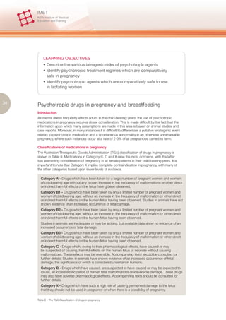 LEARNING OBJECTIVES
         • Describe the various iatrogenic risks of psychotropic agents
         • Identify psychotropic treatment regimes which are comparatively
           safe in pregnancy
         • Identify psychotropic agents which are comparatively safe to use
           in lactating women


34   Psychotropic drugs in pregnancy and breastfeeding
     Introduction
     As mental illness frequently affects adults in the child-bearing years, the use of psychotropic
     medications in pregnancy requires closer consideration. This is made difficult by the fact that the
     information upon which many assumptions are made in this area is based on animal studies and
     case reports. Moreover, in many instances it is difficult to differentiate a putative teratogenic event
     related to psychotropic medication and a spontaneous abnormality in an otherwise unremarkable
     pregnancy, where such instances occur at a rate of 2-3% of all pregnancies carried to term.

     Classifications of medications in pregnancy
     The Australian Therapeutic Goods Administration (TGA) classification of drugs in pregnancy is
     shown in Table 9. Medications in Category C, D and X raise the most concerns, with the latter
     two warranting consideration of pregnancy in all female patients in their child bearing years. It is
     important to note that Category X implies complete contraindication in pregnancy, with many of
     the other categories based upon lower levels of evidence.

       Category A - Drugs which have been taken by a large number of pregnant women and women
       of childbearing age without any proven increase in the frequency of malformations or other direct
       or indirect harmful effects on the fetus having been observed.
       Category B1 - Drugs which have been taken by only a limited number of pregnant women and
       women of childbearing age, without an increase in the frequency of malformation or other direct
       or indirect harmful effects on the human fetus having been observed. Studies in animals have not
       shown evidence of an increased occurrence of fetal damage.
       Category B2 - Drugs which have been taken by only a limited number of pregnant women and
       women of childbearing age, without an increase in the frequency of malformation or other direct
       or indirect harmful effects on the human fetus having been observed.
       Studies in animals are inadequate or may be lacking, but available data show no evidence of an
       increased occurrence of fetal damage.
       Category B3 - Drugs which have been taken by only a limited number of pregnant women and
       women of childbearing age, without an increase in the frequency of malformation or other direct
       or indirect harmful effects on the human fetus having been observed.
       Category C - Drugs which, owing to their pharmacological effects, have caused or may
       be suspected of causing, harmful effects on the human fetus or neonate without causing
       malformations. These effects may be reversible. Accompanying texts should be consulted for
       further details. Studies in animals have shown evidence of an increased occurrence of fetal
       damage, the significance of which is considered uncertain in humans.
       Category D - Drugs which have caused, are suspected to have caused or may be expected to
       cause, an increased incidence of human fetal malformations or irreversible damage. These drugs
       may also have adverse pharmacological effects. Accompanying texts should be consulted for
       further details.
       Category X - Drugs which have such a high risk of causing permanent damage to the fetus
       that they should not be used in pregnancy or when there is a possibility of pregnancy.

     Table 9 – The TGA Classification of drugs in pregnancy
 