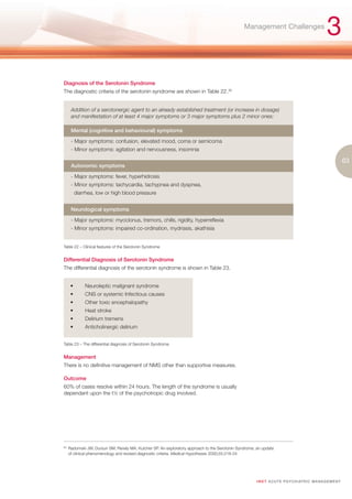 Management Challenges
                                                                                                                                                   3
Diagnosis of the Serotonin Syndrome
The diagnostic criteria of the serotonin syndrome are shown in Table 22.85


       Addition of a serotonergic agent to an already established treatment (or increase in dosage)
       and manifestation of at least 4 major symptoms or 3 major symptoms plus 2 minor ones:

       Mental (cognitive and behavioural) symptoms

       - Major symptoms: confusion, elevated mood, coma or semicoma
       - Minor symptoms: agitation and nervousness, insomnia

                                                                                                                                                               63
       Autonomic symptoms

       - Major symptoms: fever, hyperhidrosis
       - Minor symptoms: tachycardia, tachypnea and dyspnea,
           diarrhea, low or high blood pressure


       Neurological symptoms

       - Major symptoms: myoclonus, tremors, chills, rigidity, hyperreflexia
       - Minor symptoms: impaired co-ordination, mydriasis, akathisia


Table 22 – Clinical features of the Serotonin Syndrome


Differential Diagnosis of Serotonin Syndrome
The differential diagnosis of the serotonin syndrome is shown in Table 23.


       •       Neuroleptic malignant syndrome
       •       CNS or systemic Infectious causes
       •       Other toxic encephalopathy
       •       Heat stroke
       •       Delirium tremens
       •       Anticholinergic delirium


Table 23 – The differential diagnosis of Serotonin Syndrome


Management
There is no definitive management of NMS other than supportive measures.

Outcome
60% of cases resolve within 24 hours. The length of the syndrome is usually
dependant upon the t½ of the psychotropic drug involved.




85.
      Radomski JW, Dursun SM, Revely MA, Kutcher SP. An exploratory approach to the Serotonin Syndrome; an update
      of clinical phenomenology and revised diagnostic criteria. Medical Hypotheses 2000;55:218-24




                                                                                                        I M ET AC U T E PS Y C H IATRI C M A N A G E M E N T
 