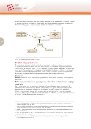 a circadian pattern and usually peak after 4 hours of a sleep cycle. Prolactin has the primary function
     of lactogenesis via the stimulation of breast tissue and milk synthesis. It suppresses gonadotropin
     function and likely plays a role in mediating attachment behaviours in humans.




76




     Fig 22. The normal physiology of prolactin in humans


     The Effects of Hyperprolactinaemia
     Cross sectional studies of patients administered neuroleptic medication indicate the prevalence
     of hyperprolactinaemia is 34% in men and 75% in women.118 Traditionally, hyperprolactinaemia is
     considered to be present at levels > 100μ/L, however clinically significant side-effects can emerge at
     lower levels. Women, particularly in the post-partum period and pubescent children are particularly
     vulnerable to iatrogenic hyperprolactinaemia. There is some evidence of menstrual irregularities in
     women with schizophrenia which predate treatment with antipsychotic medication.119
     Short term120
     Females – Reduced libido, amenorrhoea, galactorrhoea, mastodynia, anovulation, virilising effects,
     weight gain
     Males – Gynaecomastia, reduced spermatogenesis, reduced libido, erectile dysfunction, weight gain
     Longer term
     Many of the longer term consequences of iatrogenic hyperprolacinaemia are speculative and
     established with variable certainty. There is some evidence to suggest that chronic antipsychotic
     exposure may be associated with reduced bone density through suppression of sex-steroid
     function. A recent study found a 16% increase in the risk of breast cancer in women chronically
     exposed to D2 antagonists.121 Analysis of the FDA database indicates a possible risk of development
     of pituitary tumours, particularly with risperidone.122




     118.
            Smith S, O’Keane V, Murray R et al. Sexual dysfunction in patients taking conventional antipsychotic medication. British
            Journal of Psychiatry 2002: 181 49-55
     119.
            Wieck A, Haddad PM. Antipsychotic-induced hyperprolactinaemia in women: pathophysiology, severity and consequences:
            selective literature review. British Journal of Psychiatry 2003; 182: 199-204
     120.
            Haddad P, Wieck A. Antipsychotic-Induced Hyperprolactinaemia: Mechanisms, Clinical Features and Management Drugs
            2004; 64: 2291-2314
     121.
            Wang PS, Walker AM, Tsuang MT et al. Dopamine antagonists and the development of breast cancer. Archives of General
            Psychiatry 2002; 59:1147–1154
     122.
            Szarfman A, Tonning J, Levine G et al. Atypical antipsychotics and pituitary tumors: a pharmacovigilance study.
            Pharmotherapy 200 2006;26:748-758
 