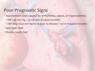 Poor Prognostic Signs
• Hypotension (not caused by arrhythmia, sepsis, or hypovolemia)
• SBP <90 mm Hg = 53% 90-day all cause mortality
• SBP drop of 40 mm Hg for at least 15 minutes = 15% in–hospital mortality
• Syncope= bad
• Shock= really bad
 