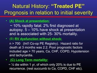 Natural History: “Treated PE”
Prognosis in relation to initial severity
• (A) Shock at presentation:
  ~ 10% rapidly fatal. 2% first diagnosed at
  autopsy. 5 – 10% have shock at presentation
  and is associated with 25- 30% mortality.
• (B) RV dysfunction without shock:
  n > 700 (Int’l Co-op PE Registry). Hazard ratio for
  death at 3 months was 2.2. Poor prognostic factors
  included age > 70 years, Ca, CHF, COPD, Hypotension
  and tachycardia.
• (C) Long Term mortality:
  ~ ¼ die within 1 yr, of which only 20% is due to PE
  recurrence. (rest succumb to Ca, COPD, CHF etc).
 