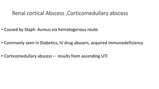 Renal cortical Abscess ,Corticomedullary abscess
• Caused by Staph. Aureus via hematogenous route.
• Commonly seen in Diabetics, IV drug abusers, acquired immunodeficiency
• Corticomedullary abscess – results from ascending UTI
 