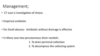 Management;
• CT scan is investigation of choice.
• Empirical antibiotic
• For Small abscess- Antibiotic without drainage is effective
• In Many case two percutaneous drain needed ;
1. To drain perirenal collection
2. To decompress the collecting system
 