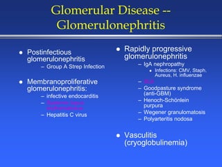 Glomerular Disease --
Glomerulonephritis
 Postinfectious
glomerulonephritis
– Group A Strep Infection
 Membranoproliferative
glomerulonephritis:
– infective endocarditis
– Systemic lupus
erythematosus
– Hepatitis C virus
 Rapidly progressive
glomerulonephritis
– IgA nephropathy
 Infections: CMV, Staph.
Aureus, H. influenzae
– SLE
– Goodpasture syndrome
(anti-GBM)
– Henoch-Schönlein
purpura
– Wegener granulomatosis
– Polyarteritis nodosa
 Vasculitis
(cryoglobulinemia)
 