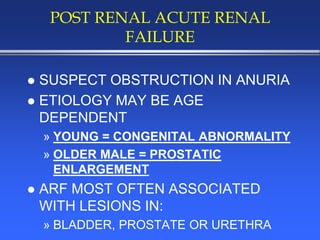 POST RENAL ACUTE RENAL
FAILURE
 SUSPECT OBSTRUCTION IN ANURIA
 ETIOLOGY MAY BE AGE
DEPENDENT
» YOUNG = CONGENITAL ABNORMALITY
» OLDER MALE = PROSTATIC
ENLARGEMENT
 ARF MOST OFTEN ASSOCIATED
WITH LESIONS IN:
» BLADDER, PROSTATE OR URETHRA
 