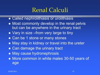 Renal Calculi
 Called nephrolithiasis or urolithiasis
 Most commonly develop in the renal pelvis
but can be anywhere in the urinary tract
 Vary in size –from very large to tiny
 Can be 1 stone or many stones
 May stay in kidney or travel into the ureter
 Can damage the urinary tract
 May cause hydronephrosis
 More common in white males 30-50 years of
age
03/05/2011 47
 