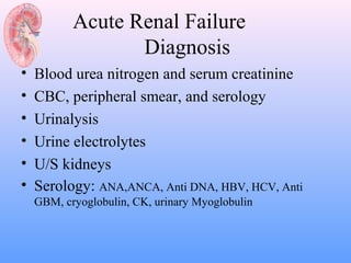 Acute Renal Failure
                  Diagnosis
•   Blood urea nitrogen and serum creatinine
•   CBC, peripheral smear, and serology
•   Urinalysis
•   Urine electrolytes
•   U/S kidneys
•   Serology: ANA,ANCA, Anti DNA, HBV, HCV, Anti
    GBM, cryoglobulin, CK, urinary Myoglobulin
 