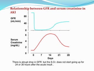 There is abrupt drop in GFR but the S.Cr. does not start going up for
24 or 36 hours after the acute insult .
40
80
0
GFR
(mL/min)
0 7 14 21 28
4
Days
2
0
6
Serum
Creatinine
(mg/dL)
Relationship between GFR and serum creatinine in
AKI
 