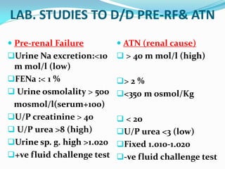 LAB. STUDIES TO D/D PRE-RF& ATN
 Pre-renal Failure
Urine Na excretion:<10
m mol/l (low)
FENa :< 1 %
 Urine osmolality > 500
mosmol/l(serum+100)
U/P creatinine > 40
 U/P urea >8 (high)
Urine sp. g. high >1.020
+ve fluid challenge test
 ATN (renal cause)
 > 40 m mol/l (high)
> 2 %
<350 m osmol/Kg
 < 20
U/P urea <3 (low)
Fixed 1.010-1.020
-ve fluid challenge test
 