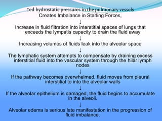 ↑ed hydrostatic pressures in the pulmonary vessels
Creates Imbalance in Starling Forces,
↓
Increase in fluid filtration into interstitial spaces of lungs that
exceeds the lympatis capacity to drain the fluid away
↓
Increasing volumes of fluids leak into the alveolar space
↓
The lymphatic system attempts to compensate by draining excess
interstitial fluid into the vascular system through the hilar lymph
nodes
↓
If the pathway becomes overwhelmed, fluid moves from pleural
interstitial to into the alveolar walls
↓
If the alveolar epithelium is damaged, the fluid begins to accumulate
in the alveoli.
↓
Alveolar edema is serious late manifestation in the progression of
fluid imbalance.
 