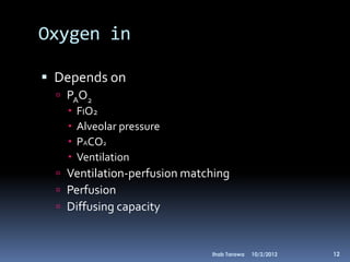 Oxygen in

 Depends on
   PAO2
     FIO2
     Alveolar pressure
     PACO2
     Ventilation
   Ventilation-perfusion matching
   Perfusion
   Diffusing capacity



                              Ihab Tarawa   10/2/2012   12
 