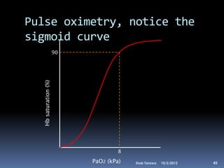 Pulse oximetry, notice the
sigmoid curve
                      90
  Hb saturation (%)




                                    8

                           PaO2 (kPa)   Ihab Tarawa   10/2/2012   45
 