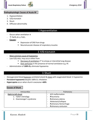 Acute Respiratory Failure
P a g e | 3
Emergency 2018
Kareem Alnakeeb
1. Hypoventilation
2. V/Q mismatch
3. Shunt
4. Diffusion abnormality
1. Hypoventilation
- Occurs when ventilation 
- ↑ PaCO2 & ↓ PaO2
- Causes:
 Depression of CNS from drugs
 Neuromuscular disease of respiratory muscles
2. V/Q mismatch
- Most common cause of hypoxemia
- Low V/Q ratio, may occur either from
 Decrease of ventilation 2ry
to airway or interstitial lung disease
 Over perfusion in the presence of normal ventilation e.g. PE
- Administration of 100% O2 eliminate hypoxemia
3. Shunt
- Deoxygenated blood bypasses ventilated alveoli & mixes with oxygenated blood → hypoxemia
- Persistent hypoxemia despite 100% O2 inhalation
- Hypercapnia occur when shunt is excessive >60%
Intracardiac Pulmonary
- Right to left shunt
1. Fallot’s tetralogy
2. Eisenmenger’s syndrome
- A/V malformation
- Pneumonia
- Pulmonary edema
- Atelectasis/collapse
- Pulmonary Hemorrhage
- Pulmonary contusion
Causes of Shunt
Pathophysiologic Causes of Acute RF
 