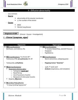 Acute Respiratory Failure
P a g e | 4
Emergency 2018
Kareem Alnakeeb
4 - Diffusion abnormality
- Less common
- Due to
 abnormality of the alveolar membrane
 ↓ the number of the alveoli
- Causes
 ARDS
 Fibrotic lung disease
(Clinical – Causes – Investigations)
1 - Clinical (symptoms, signs)
Hypoxemia Hypercapnia
 CNS manifestations:
Confusion, somnolence, fits
 CVS manifestations “In chronic RF”
Pulmonary HTN, cor pulmonale, Rt. HF
- Tachycardia, arrhythmia
 Chest manifestations:
 Respiratory distress signs:
o Tachypnea (good sign)
o Nasal flaring
o Use of accessory muscles
o Recession of intercostal muscles
 Dyspnea, Cyanosis
 Secondary Polycythemia
“In long-standing hypoxemia”
 CNS manifestations:
- ↑ Cerebral blood flow, and CSF Pressure
- Headache
- Papilledema
 CVS manifestations
- Warm extremities, collapsing pulse
- Flapping tremor “Asterixis”
- ↓pH, ↑ lactic acid
- Acidosis (respiratory, and metabolic)
Diagnosis of ARF
 