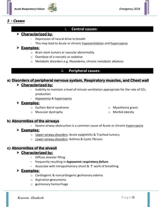 Acute Respiratory Failure
P a g e | 5
Emergency 2018
Kareem Alnakeeb
2 - Causes
i. Central causes:
 Characterized by:
- Depression of neural drive to breath
- This may lead to Acute or chronic hypoventilation and hypercapnia
 Examples:
o Brain stem tumors or vascular abnormality
o Overdose of a narcotic or sedative
o Metabolic disorders e.g. Myxedema, chronic metabolic alkalosis
ii. Peripheral causes:
a) Disorders of peripheral nervous system, Respiratory muscles, and Chest wall
 Characterized by:
- Inability to maintain a level of minute ventilation appropriate for the rate of CO2
production
- Hypoxemia & hypercapnia
 Examples:
o Guillain-Barré syndrome
o Muscular dystrophy
o Myasthenia gravis
o Morbid obesity
b) Abnormities of the airways
- Severe airway obstruction is a common cause of Acute or chronic hypercapnia
 Examples:
o Upper-airway disorders: Acute epiglottitis & Tracheal tumors;
o Lower-airway disorders: Asthma & Cystic fibrosis
c) Abnormities of the alveoli
 Characterized by:
- Diffuse alveolar filling
- frequently resulting in hypoxemic respiratory failure.
- Associate with intrapulmonary shunt & ↑ work of breathing
 Examples:
o Cardiogenic & noncardiogenic pulmonary edema
o Aspiration pneumonia
o pulmonary hemorrhage
 