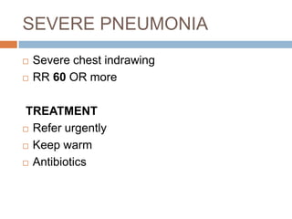 NO PNEUMONIACough/coldIf cough more than 30 days needs assessmentLook for ENT problemHome care T/t for feverT/t for wheezing