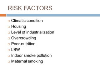 RISK FACTORSClimatic conditionHousingLevel of industrializationOvercrowdingPoor-nutritionLBWIndoor smoke pollutionMaternal smoking