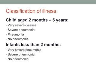 Classification of illness
Child aged 2 months – 5 years:
• Very severe disease
• Severe pneumonia
• Pneumonia
• No pneumonia
Infants less than 2 months:
• Very severe pneumonia
• Severe pneumonia
• No pneumonia
 