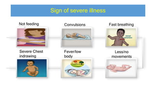 Sign of severe illness
Not feeding
well
Severe Chest
indrawing
Convulsions Fast breathing
Fever/low
body
temperature
Less/no
movements
 