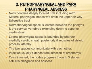 2. RETROPHARYNGEAL AND PARA
PHARYNGEAL ABSCESS
 Neck contains deeply located LNs including retro
&lateral pharyngeal node...